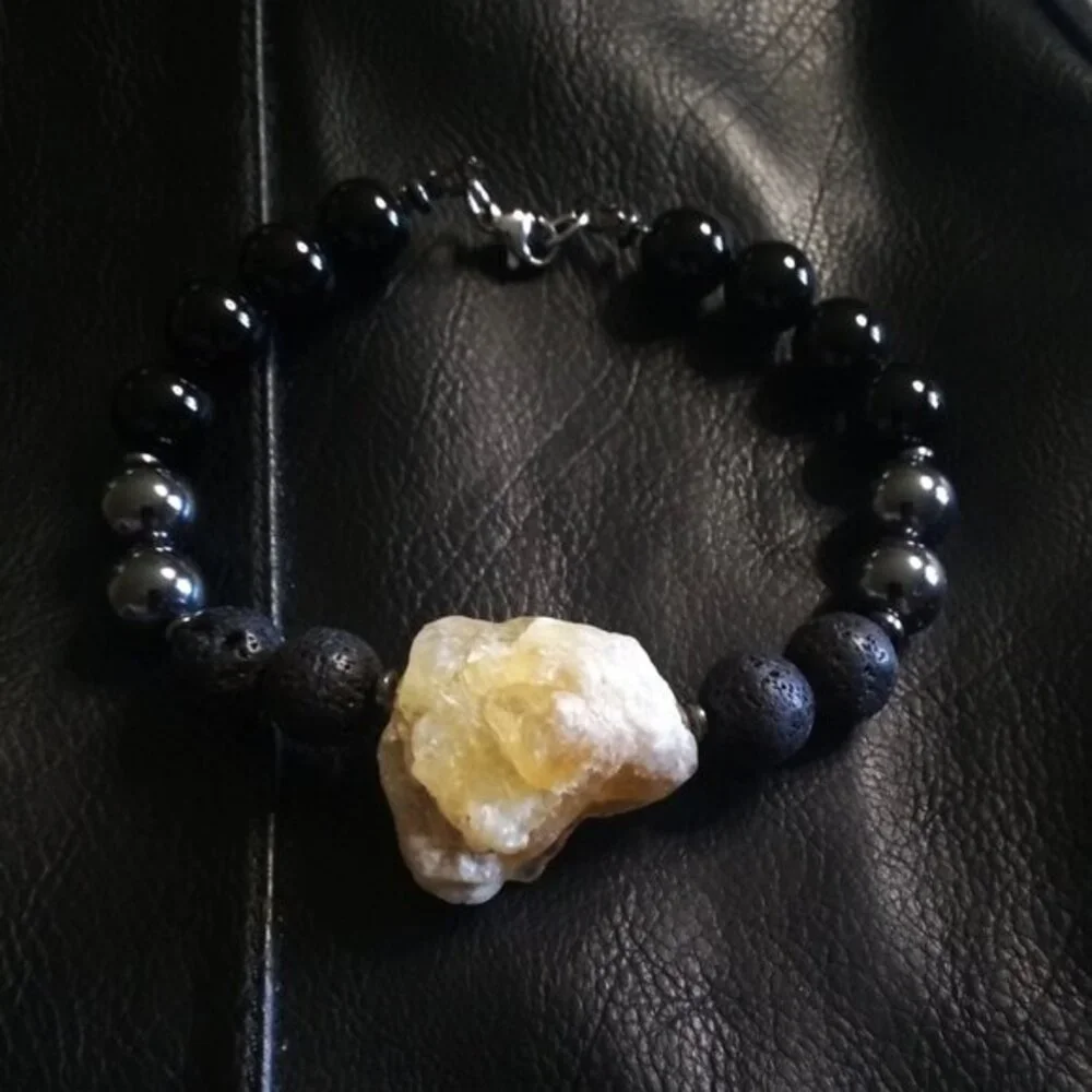 Massive!!! Raw Citrine Black Jasper Hematite & Lava Rock Men's Bracelet 8.5